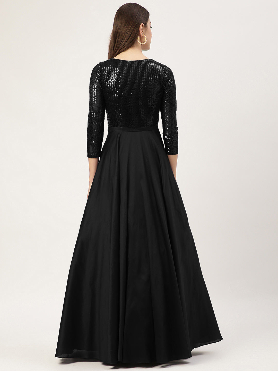 Round Neck Long Sleeves Open Back Lace Black Prom Dresses with Slit, L –  Shiny Party